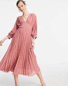 Asos Design Pleated Batwing Midi Dress In Chevron Texture In Dusky Pink
