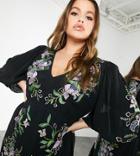 Asos Edition Curve Floral Embroidered Tiered Maxi Dress In Black
