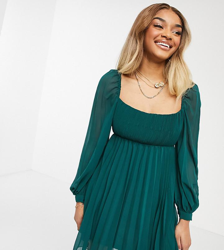 Asos Design Petite Square Neck Pleated Mini Skater Dress In Forest Green