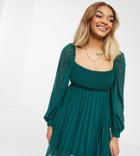 Asos Design Petite Square Neck Pleated Mini Skater Dress In Forest Green