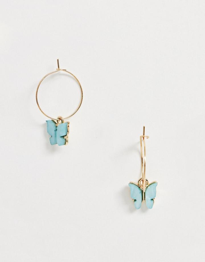 Asos Design Hoop Earrings With Blue Butterfly Charm In Gold Tone - Gold