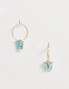 Asos Design Hoop Earrings With Blue Butterfly Charm In Gold Tone - Gold