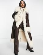 Topshop Faux Suede & Fur Trim Long Coat In Brown