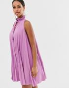 Asos Design Pleated Mini Dress With High Neck Detail - Purple