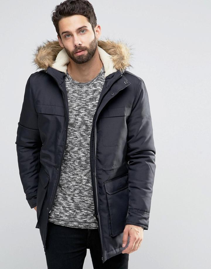 Only & Sons Parka With Faux Fur Fleece Lined Hood - Navy