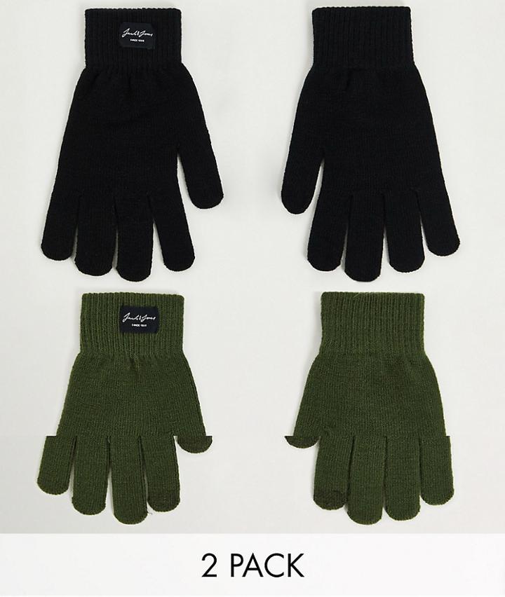 Jack & Jones 2 Pack Gloves In Black & Forest Green-multi