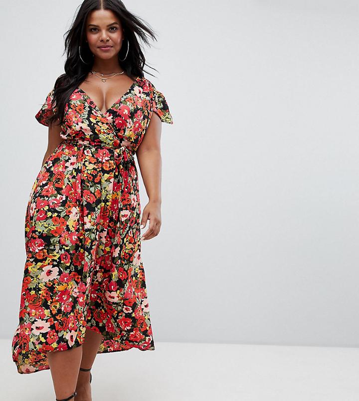 Ax Paris Plus Dark Floral Wrap Midi Dress - Multi