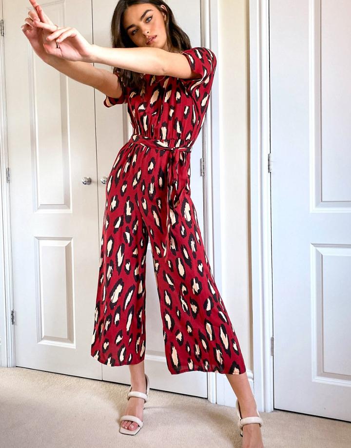 Asos Design Tie Waist Jumpsuit In Burgundy Animal Print-multi