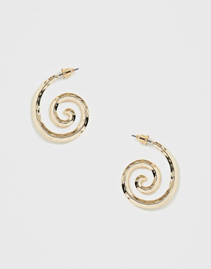 Asos Design Hoop Earrings In Hammered Swirl Design In Gold Tone - Gold