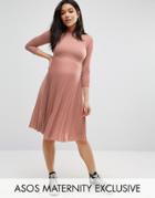 Asos Maternity High Neck Midi Dress With Pleated Skirt - Pink