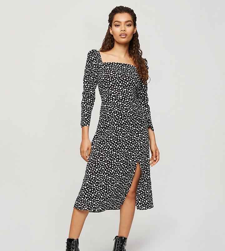 Miss Selfridge Petite Midi Dress With Square Neck In Mono Heart Print-black