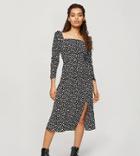 Miss Selfridge Petite Midi Dress With Square Neck In Mono Heart Print-black