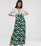 Asos Design Tall Plunge Tea Maxi Dress With Pep Hem In Mixed Print - Multi