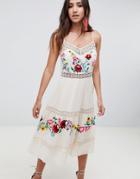 Asos Design Lace Insert Crinkle Tiered Midi Dress With Embroidery - Cream