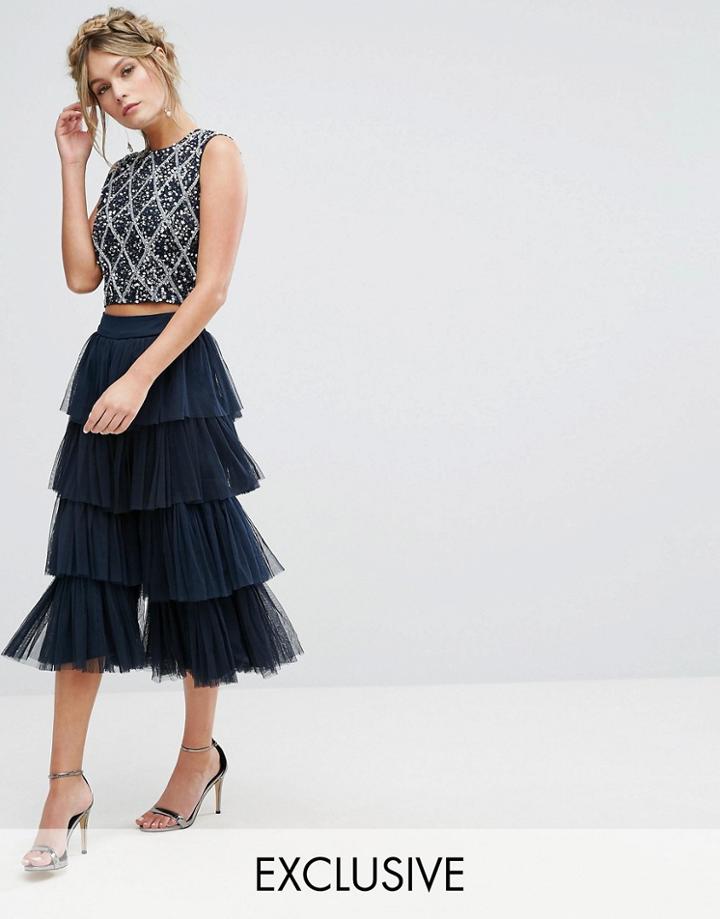 Lace & Beads Tiered Tulle Culottes - Navy