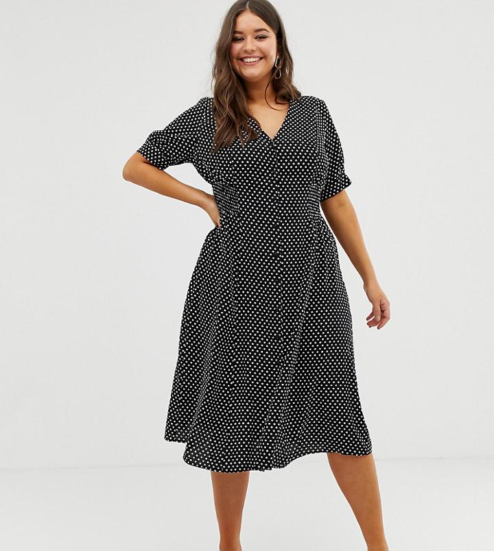 Asos Design Curve Button Through Midi Tea Dress With Shirred Waist In Polka Dot-multi