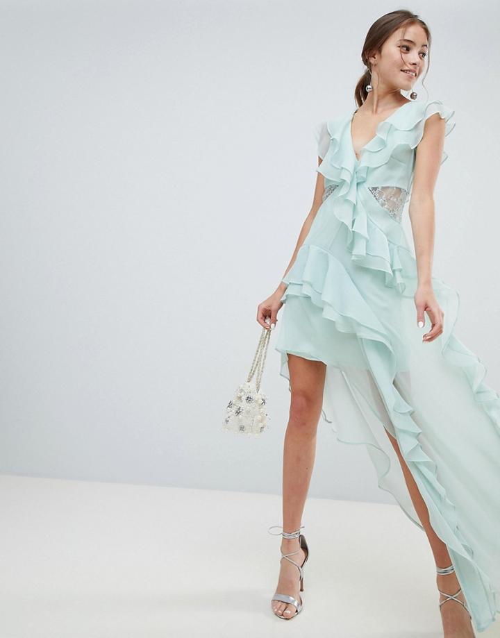Asos Design Soft Asymmetric Ruffle Lace Insert Maxi Dress - Green