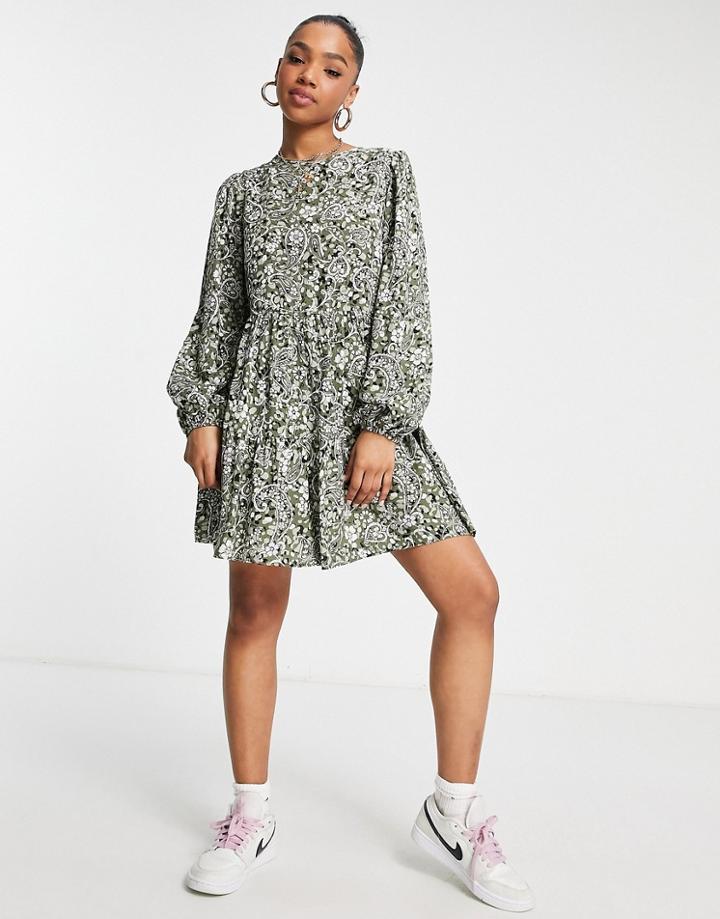Miss Selfridge Tiered Mini Smock Dress In Khaki Heritage Paisley Print-green