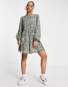 Miss Selfridge Tiered Mini Smock Dress In Khaki Heritage Paisley Print-green