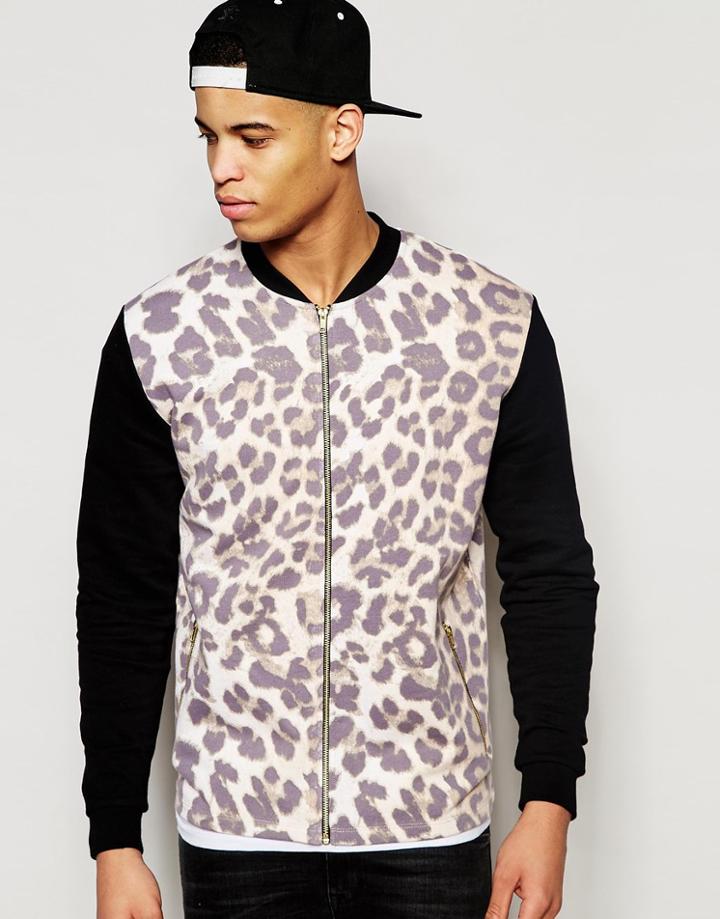 Asos Jersey Bomber Jacket With Leopard Print - Black