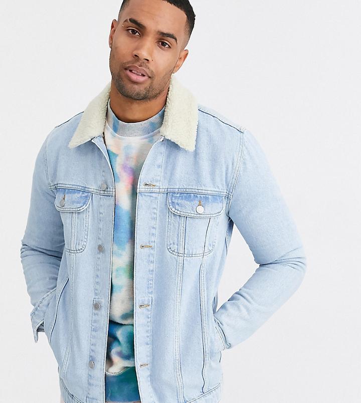 Asos Design Tall Denim Jacket With Detachable Fleece Collar In Light Wash-blue
