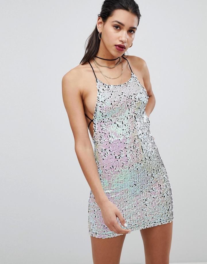 Motel Tie Back Mini Dress In Flippy Sequin - Black