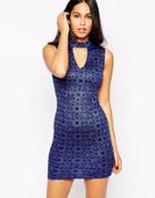 Ax Paris Printed Dress With Front Cut Out - Blue