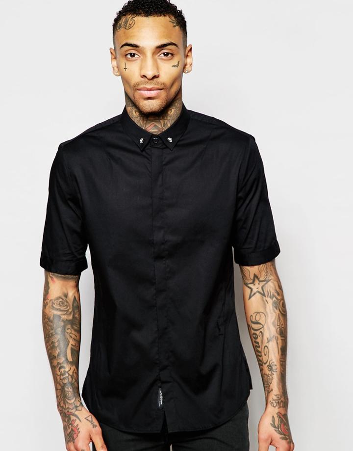 Religion Short Sleeve Shirt With Skull Collar Tips In Regular Fit - Black