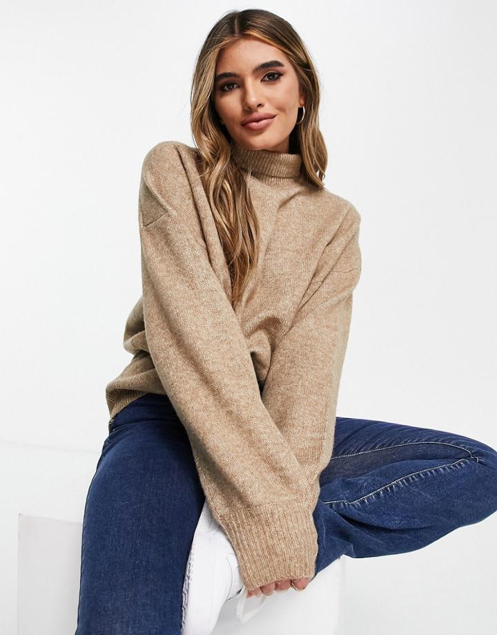 Asos Design Sweater With High Neck And Volume Sleeve In Taupe-neutral