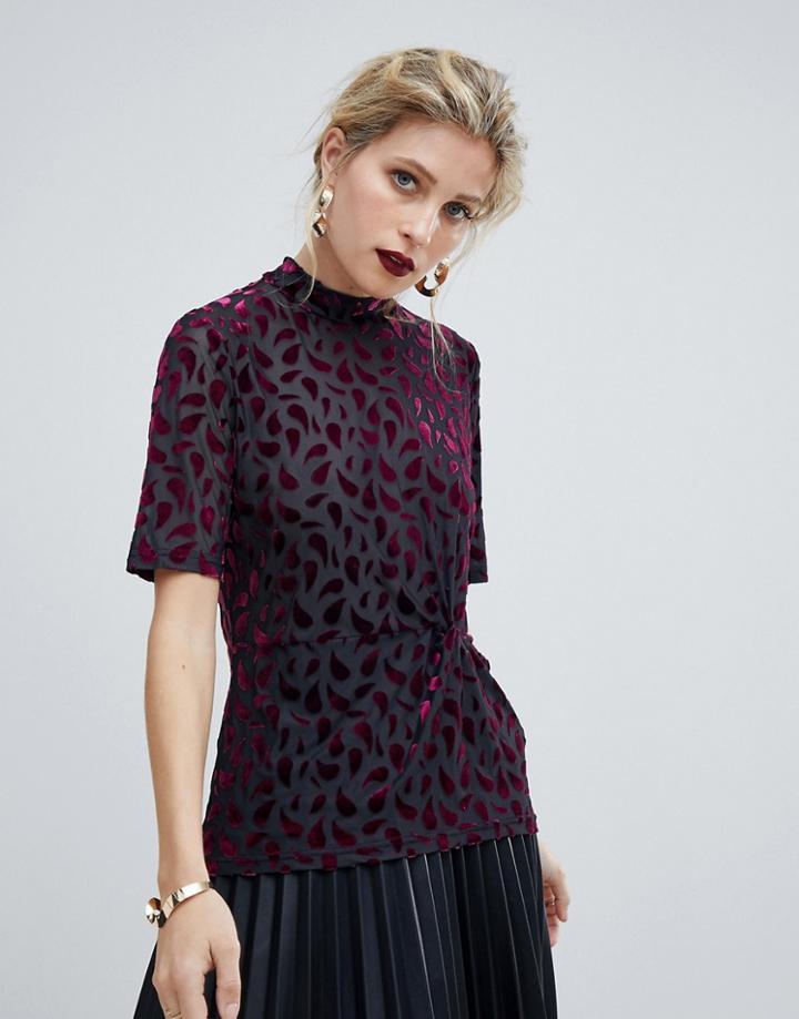 Yas High Neck Top In Flocked Velvet - Multi