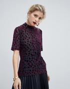 Yas High Neck Top In Flocked Velvet - Multi