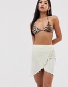 Asos Design Mini Beach Sarong With Shell Trim In Natural Fabric-cream