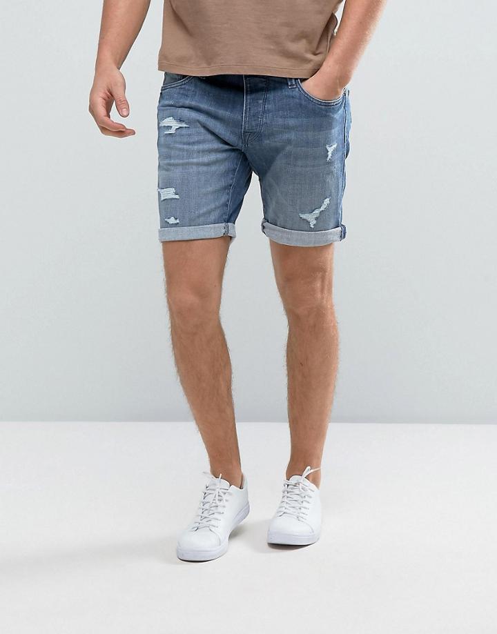 Selected Homme Denim Shorts With Rip Repair Detail - Blue