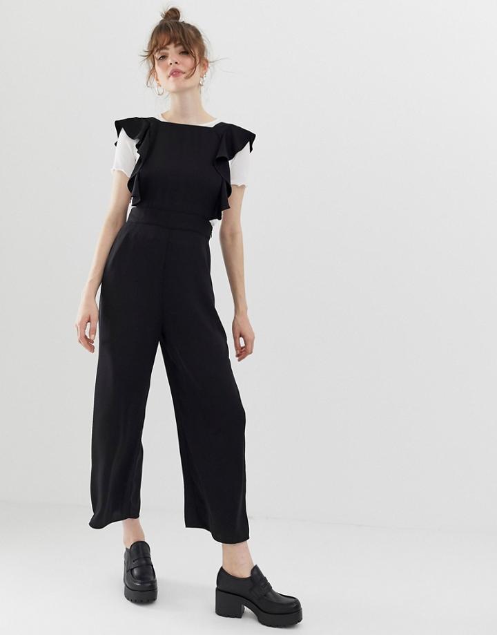 Asos Design Pinny Jumpsuit With Ruffle Detail - Black