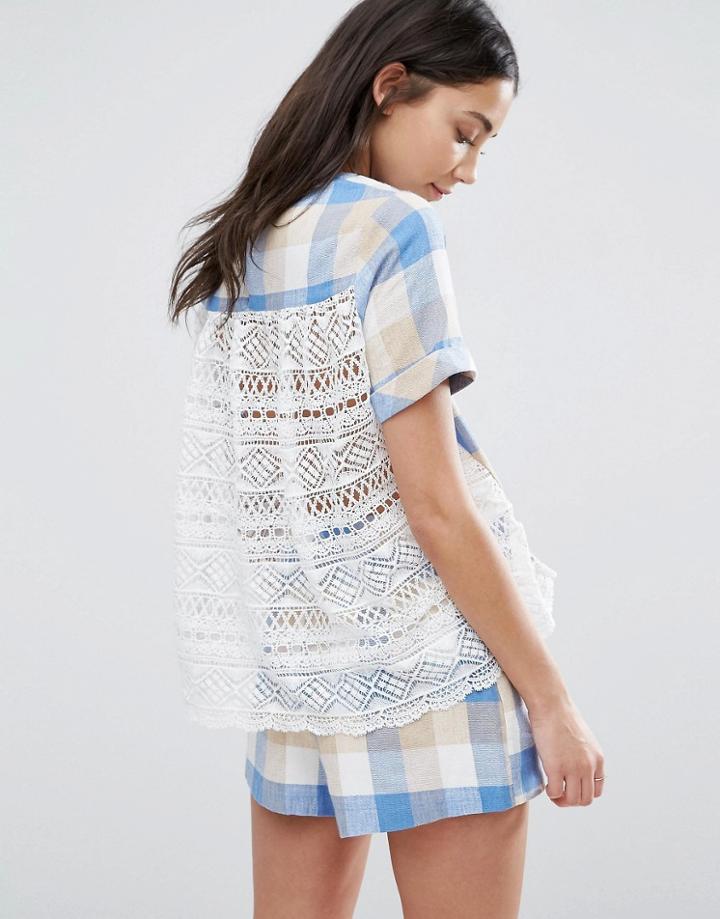 The English Factory Plaid Top With Lace Back - Blue