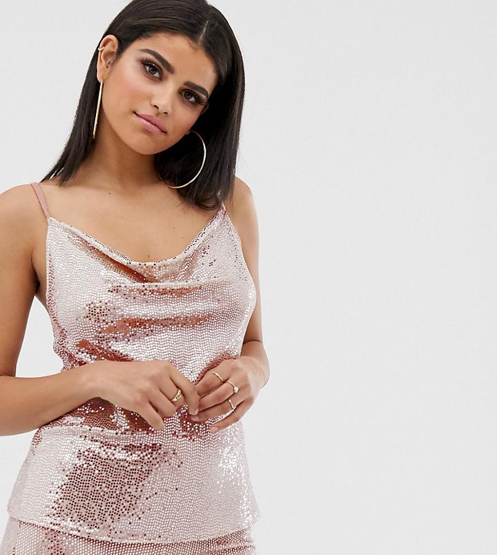John Zack Tall Cowl Neck Cami Top In Pink Sequin - Silver
