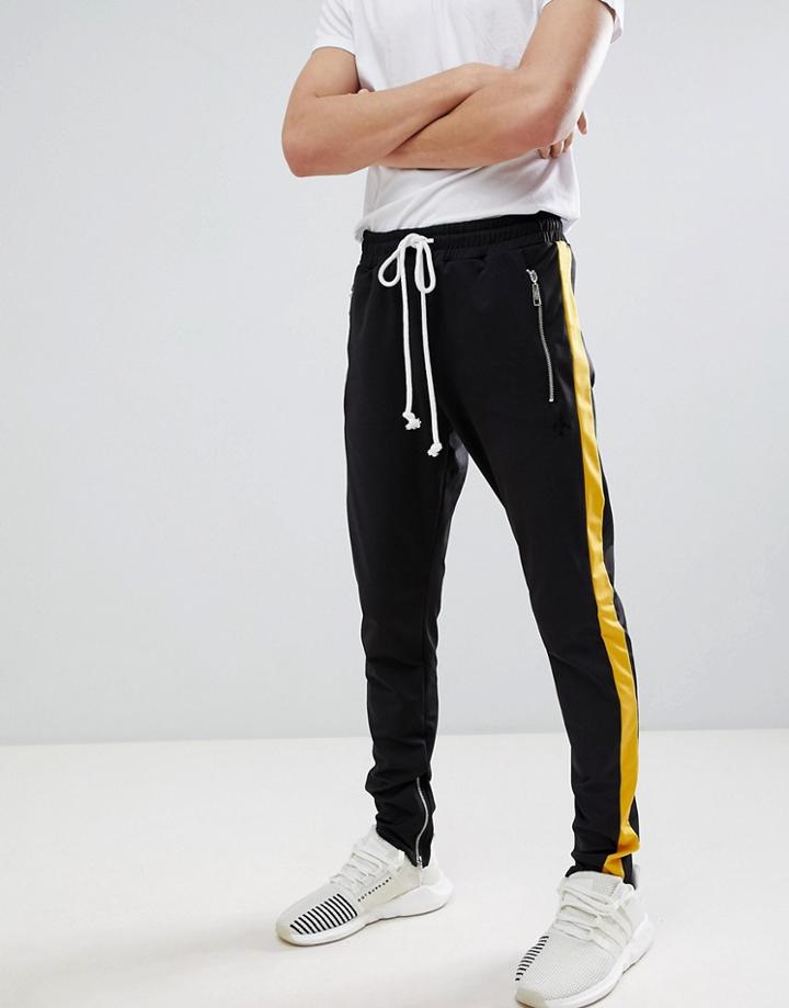 Criminal Damage Skinny Joggers In Black With Yellow Side Stripe - Black