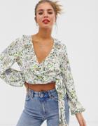 Asos Design Wrap Top In Floral Print Plisse With Ruffle And Tie Side - Multi