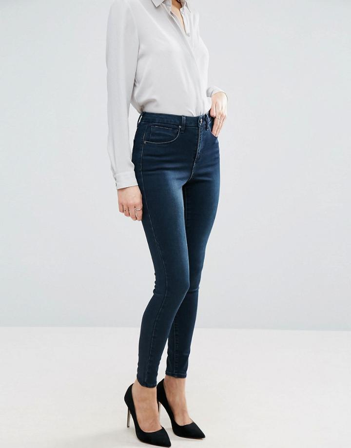 Asos 'sculpt Me' High Rise Premium Jeans In Dark Stone Wash Blue - Blue