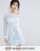 True Decadence Petite Long Sleeve All Over Lace Dress With Frill Detail - Blue