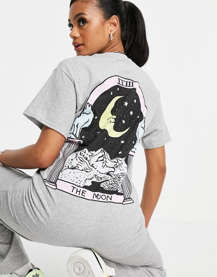 Hnr Ldn Oversized T-shirt With Graphic Moon Tarot Back Print In Gray-grey
