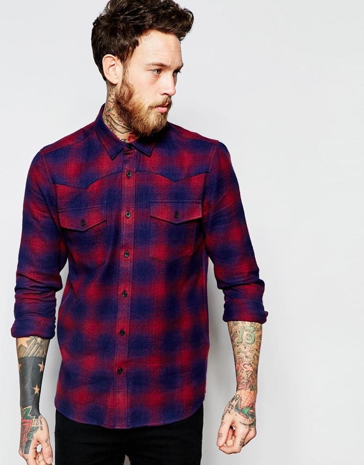 Asos Shadow Check Shirt In Western Styling With Long Sleeves - Red