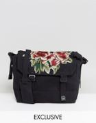 Reclaimed Vintage Inspired Messenger Bag In Black With Floral Patch - Black
