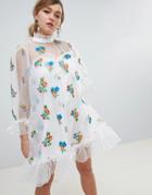 Sister Jane Organza Smock Dress With Gathered Cuffs And Floral Embroidery - White
