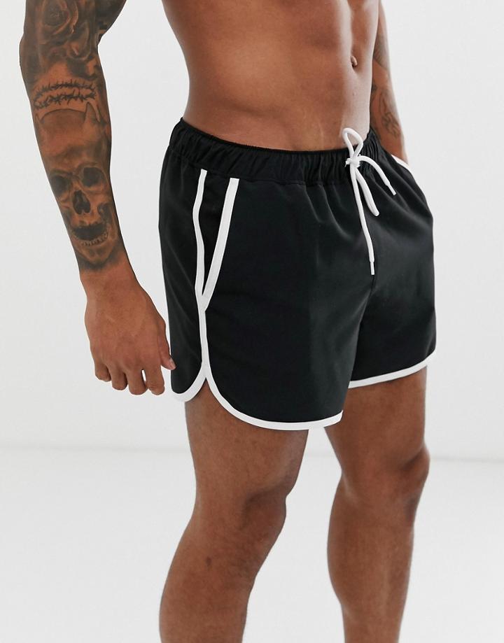 Asos Design Runner Swim Short In Black With Contrast White Piping