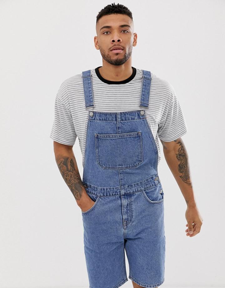 Asos Design Denim Overall Shorts In Mid Wash-blue