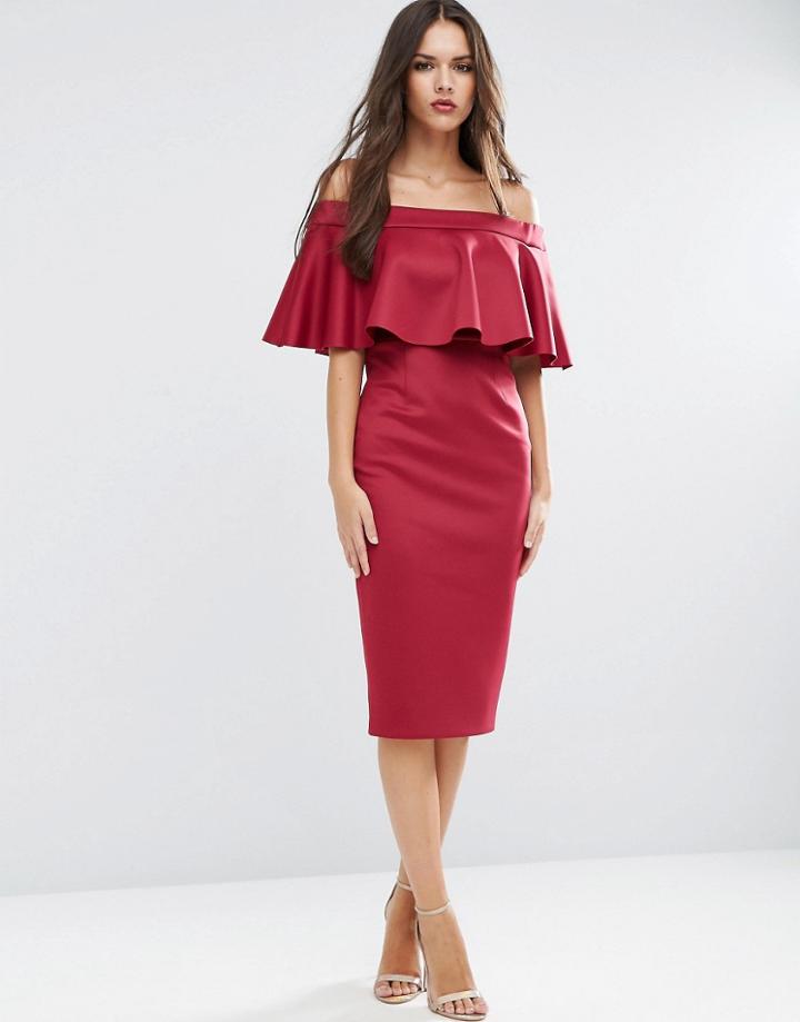 Asos Scuba Ruffle Off The Shoulder Pencil Dress - Red