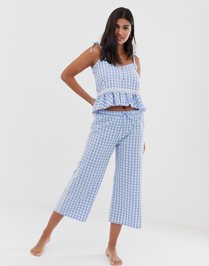 Hey Peachy Cami Ruffle Gingham Pyjama Set In Blue - Blue