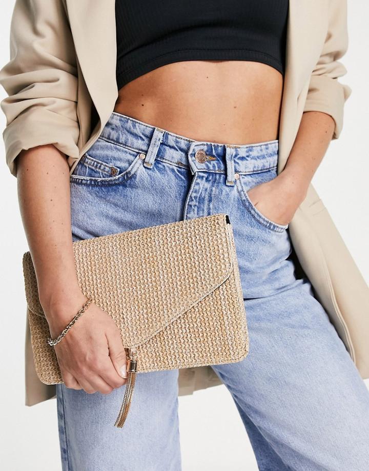 Asos Design Tassel Clutch Bag In Straw-neutral