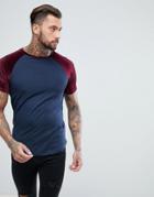 Asos T-shirt With Mini Curved Hem And Contrast Velour Sleeves In Navy - Navy